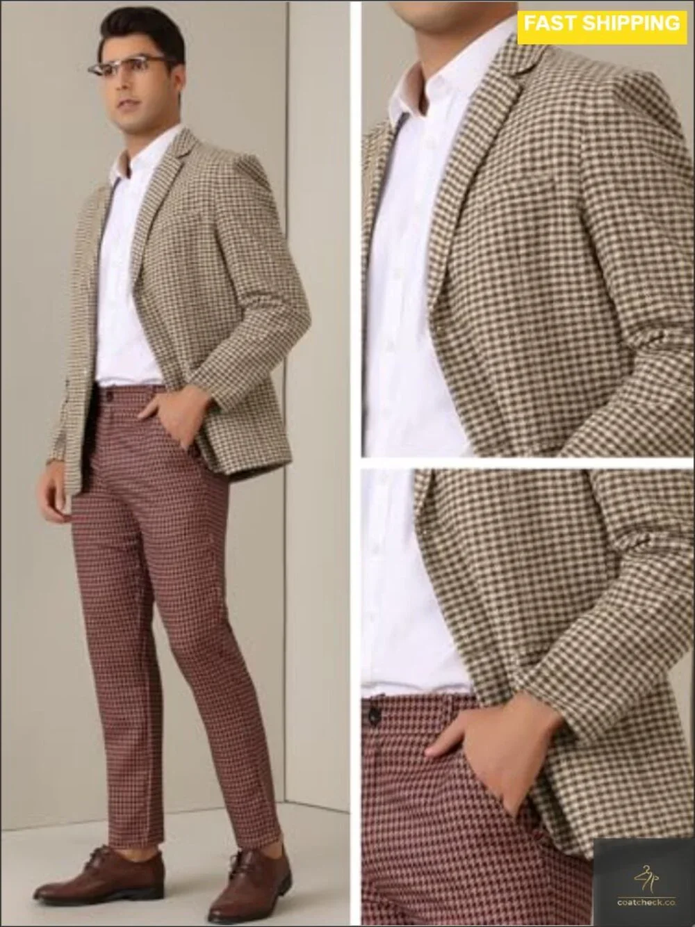 Classic Fit Houndstooth Plaid Two Button Blazer Sport Coat Business